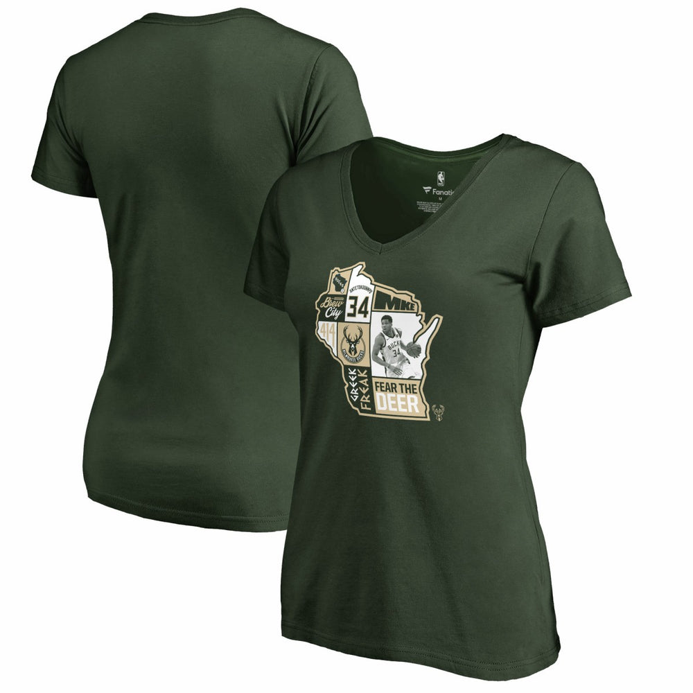 Giannis Antetokounmpo Milwaukee Bucks Women's Player State V-Neck T-Shirt Hunter Green - NBA