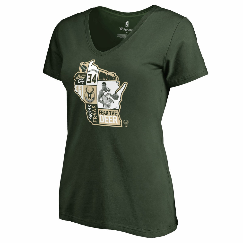 Giannis Antetokounmpo Milwaukee Bucks Women's Player State V-Neck T-Shirt Hunter Green - NBA
