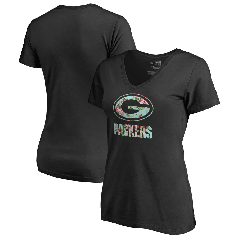 Green Bay Packers Women's Lovely V-Neck T-Shirt Black | NFL
