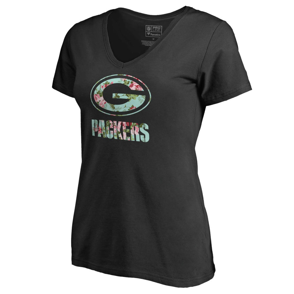 Green Bay Packers Women's Lovely V-Neck T-Shirt Black | NFL