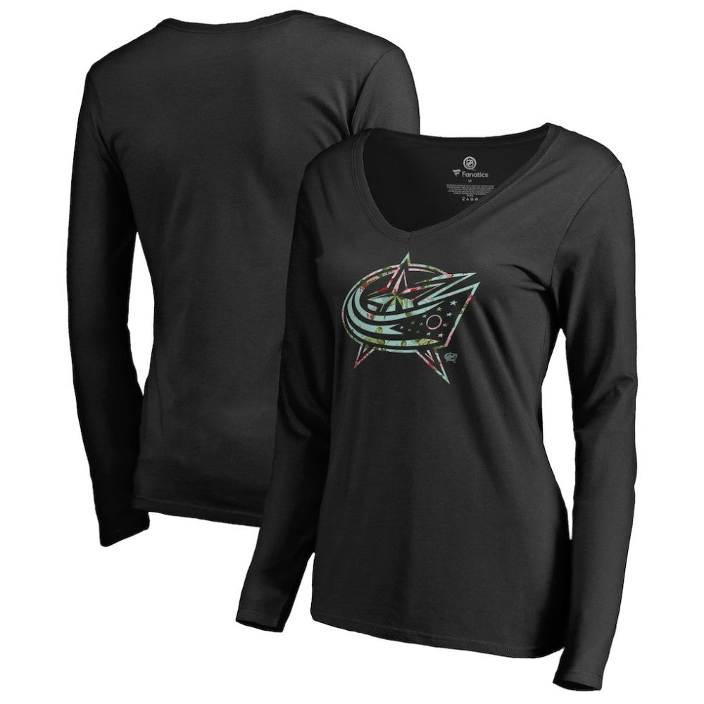 Columbus Blue Jackets Women's Lovely Long Sleeve V-Neck T-Shirt - Black - NHL