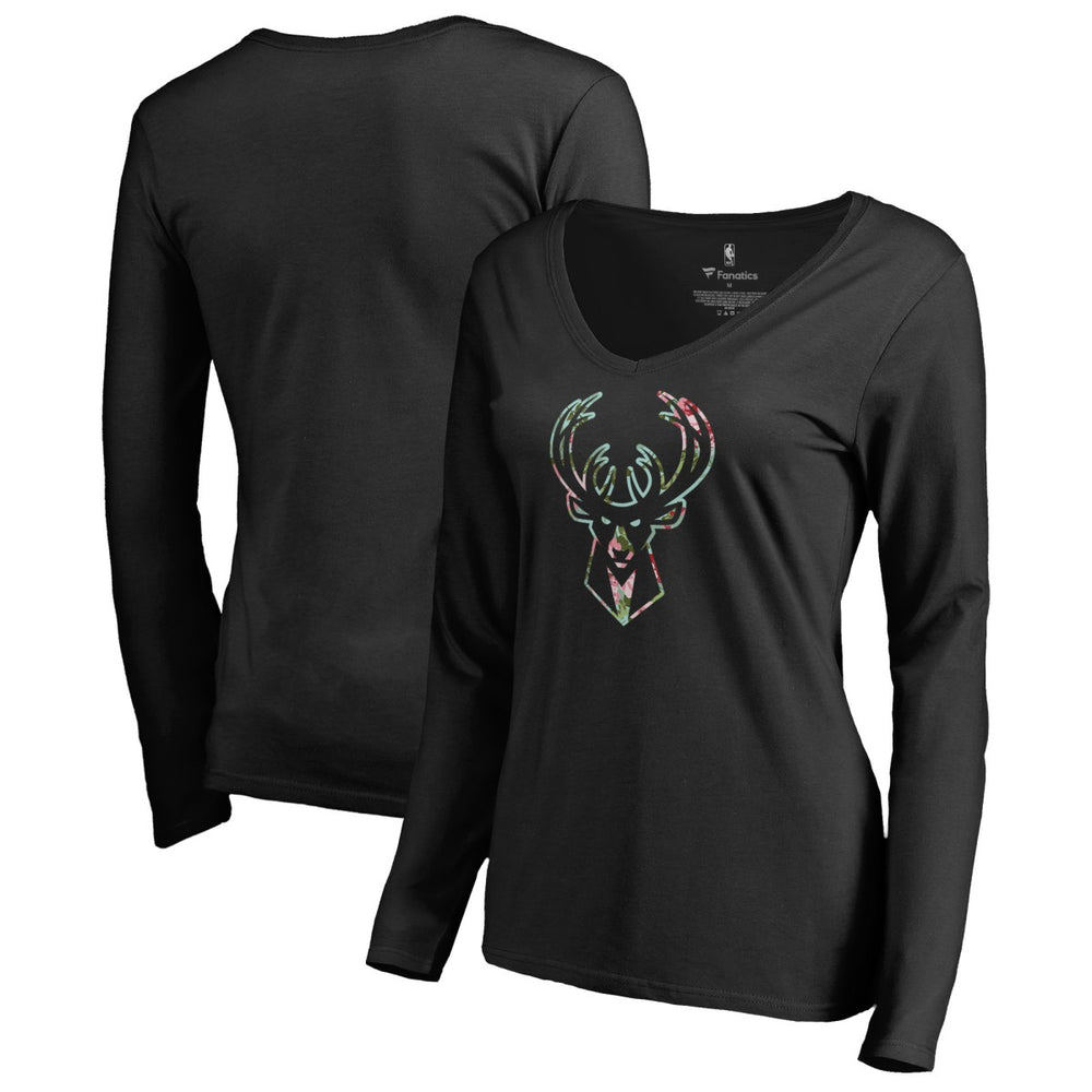 Milwaukee Bucks Women's Lovely V-Neck Long Sleeve T-Shirt Black - NBA