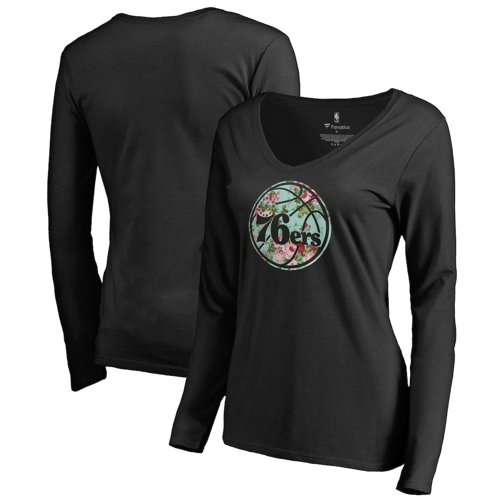 Philadelphia 76ers Women's Lovely V-Neck Long Sleeve T-Shirt Black - NBA