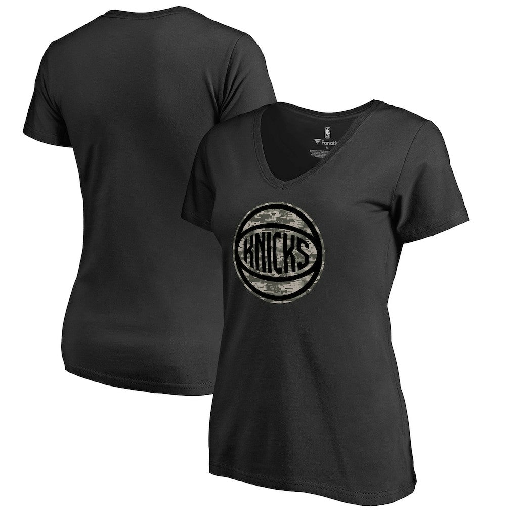 New York Knicks Women's Cloak Camo V-Neck T-Shirt Black - NBA
