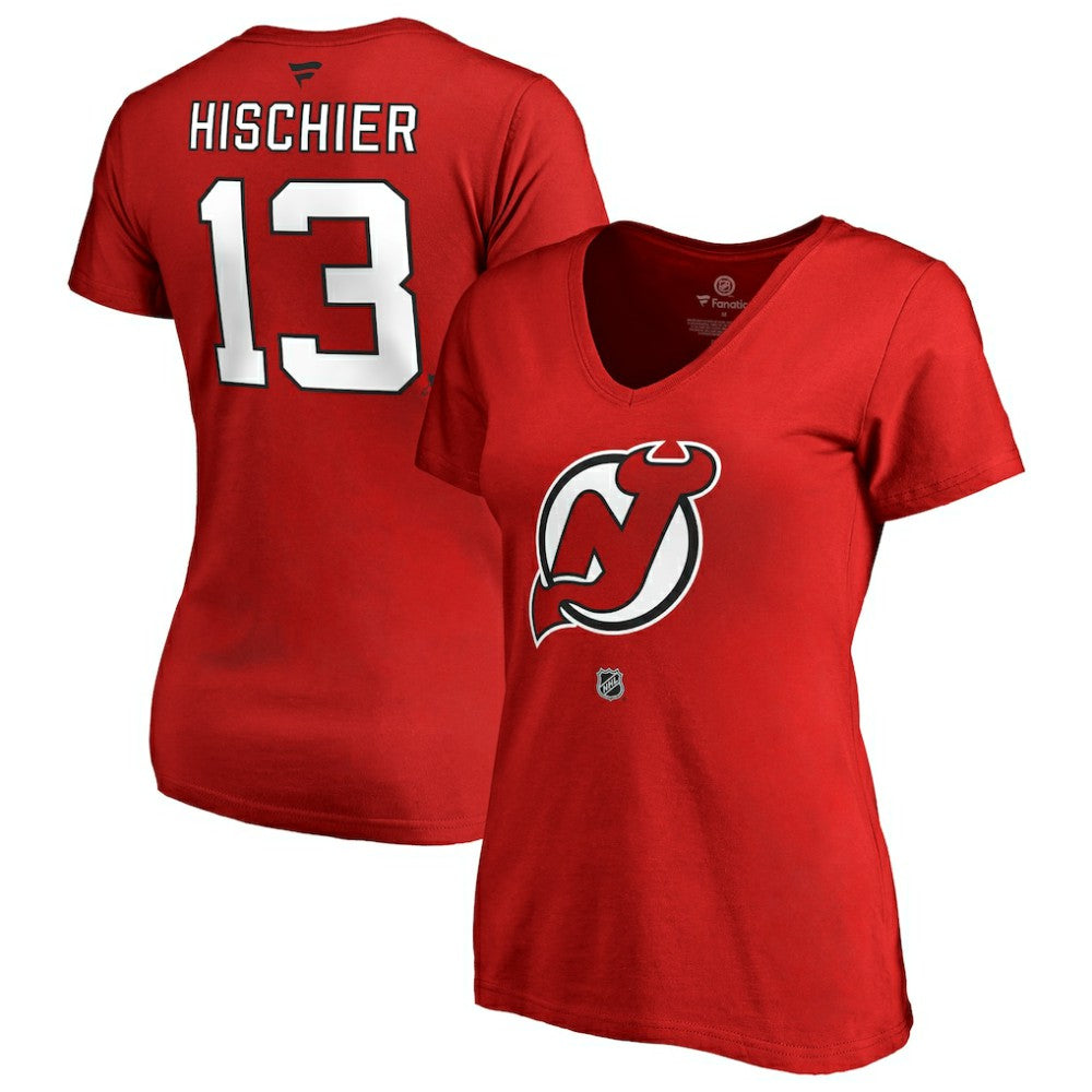 Nico Hischier New Jersey Devils Women's Authentic Stack Name & Number V-Neck T-Shirt - Red - NHL