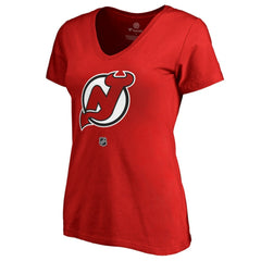 Nico Hischier New Jersey Devils Women's Authentic Stack Name & Number V-Neck T-Shirt - Red - NHL