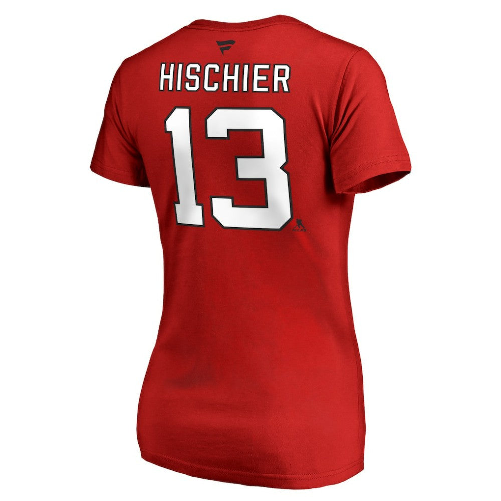 Nico Hischier New Jersey Devils Women's Authentic Stack Name & Number V-Neck T-Shirt - Red - NHL