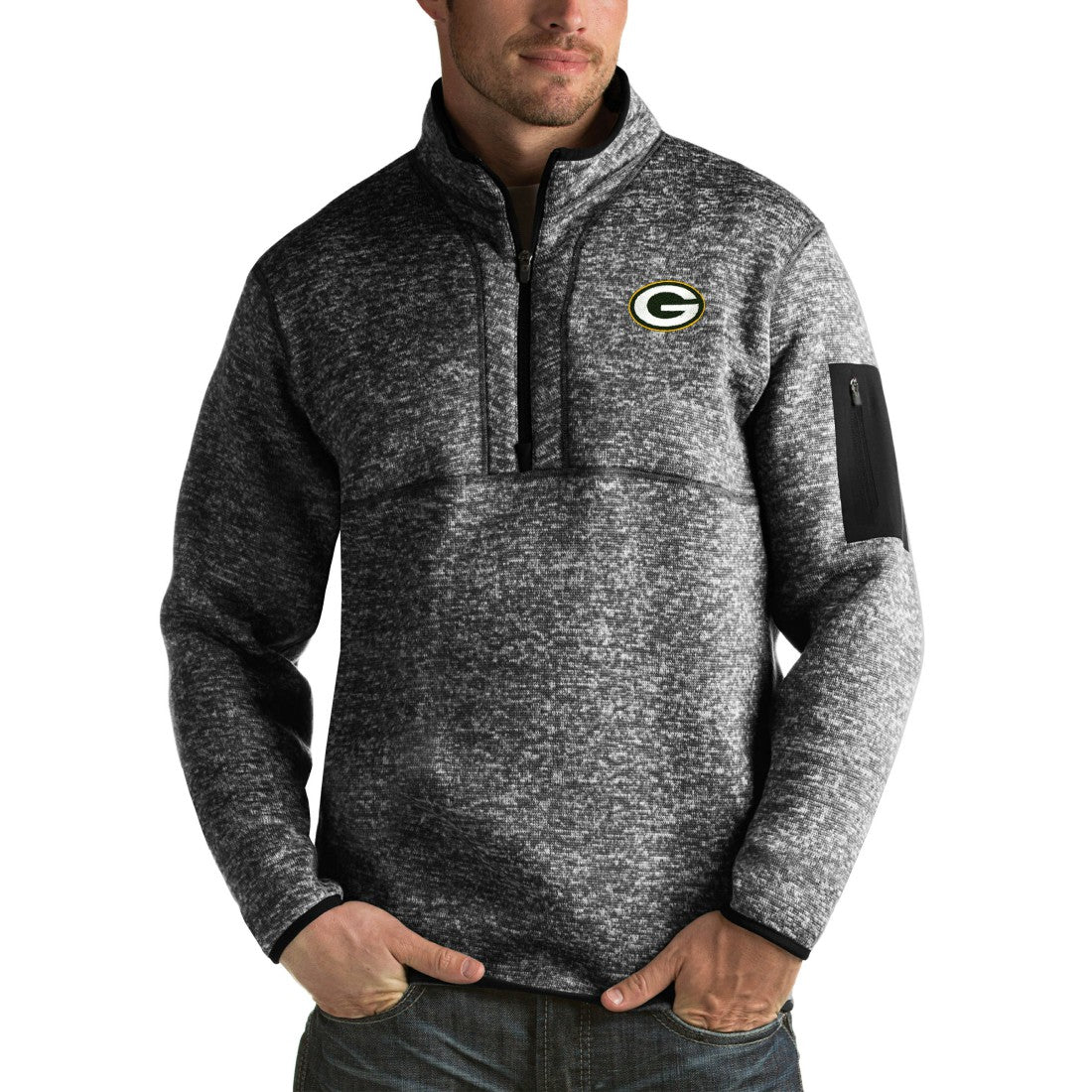 Green Bay Packers Antigua Fortune Big & Tall Quarter-Zip Pullover Jacket Heather Black | NFL