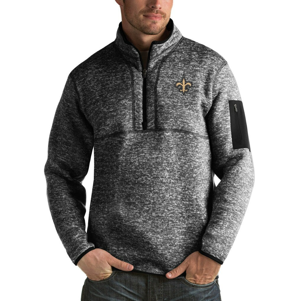 New Orleans Saints Antigua Fortune Big & Tall Quarter-Zip Pullover Jacket Heather Black | NFL