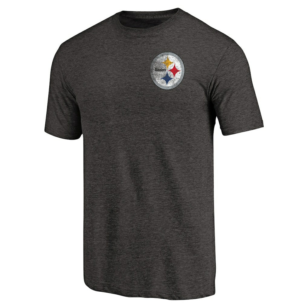 Pittsburgh Steelers Primary Logo Left Chest Distressed Tri-Blend T-Shirt Heathered Black | NFL