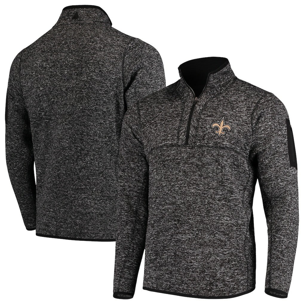 New Orleans Saints Antigua Fortune Quarter-Zip Pullover Jacket Heather Black | NFL