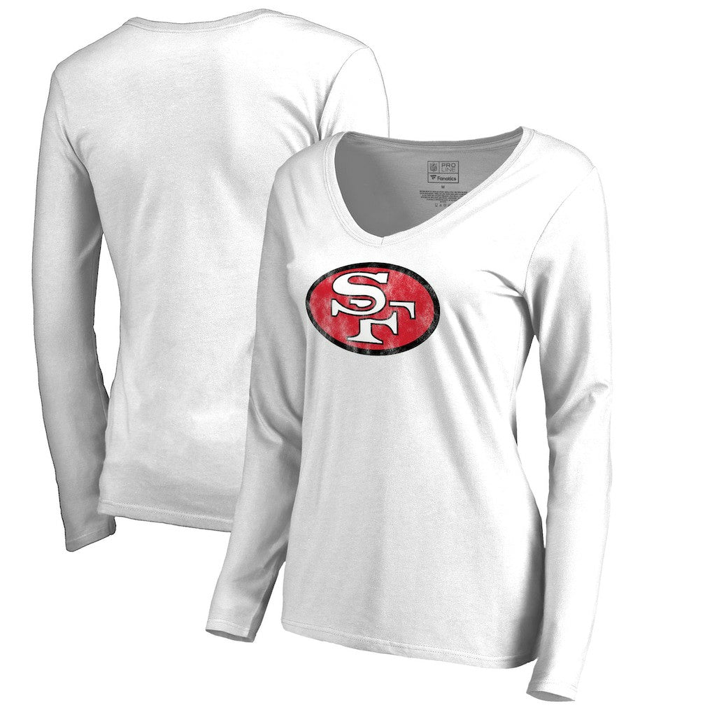 San Francisco 49ers Women's Throwback Logo Long Sleeve V-Neck T-Shirt White | NFL
