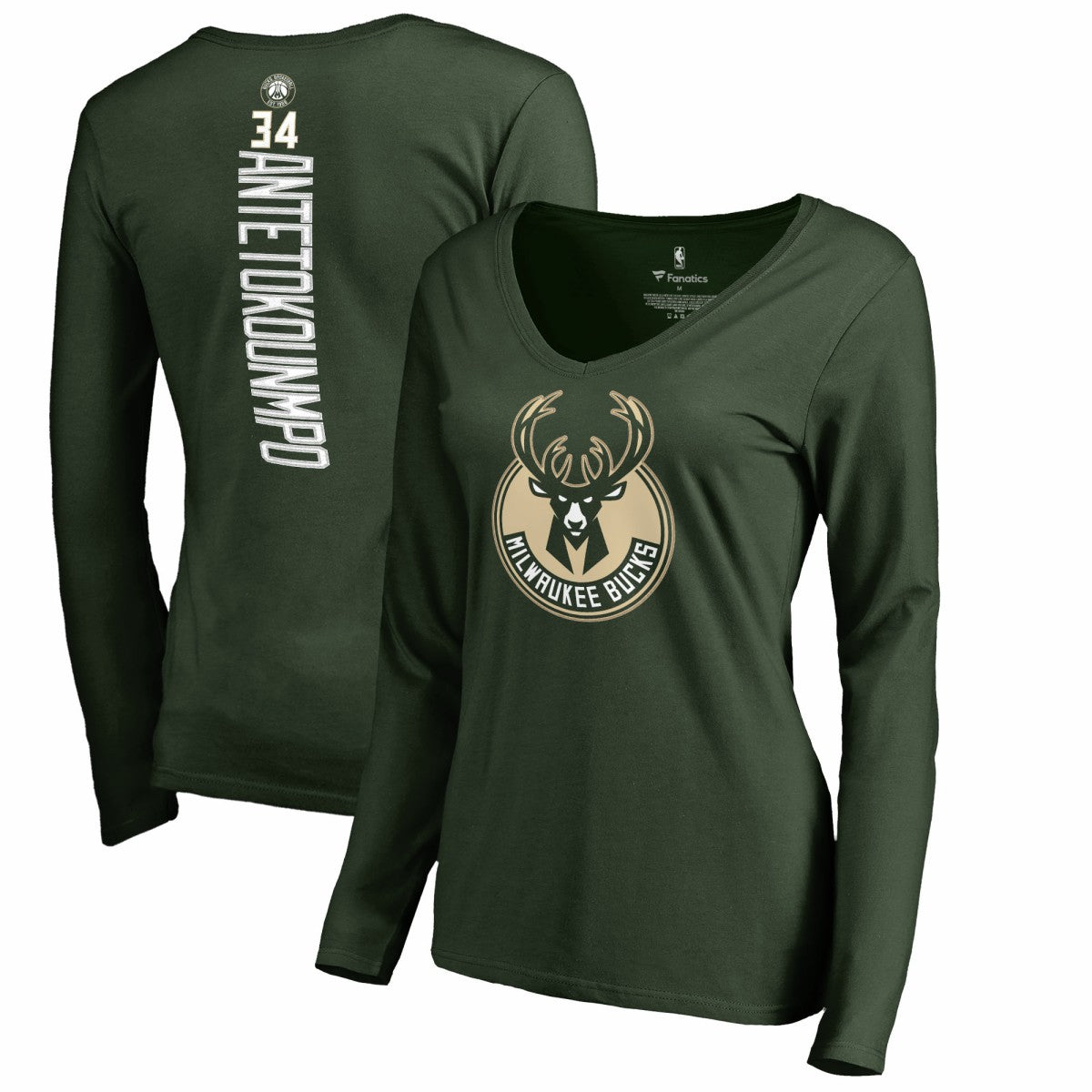 Giannis Antetokounmpo Milwaukee Bucks Women's Team Backer Name & Number Long Sleeve V-Neck T-Shirt Hunter Green - NBA