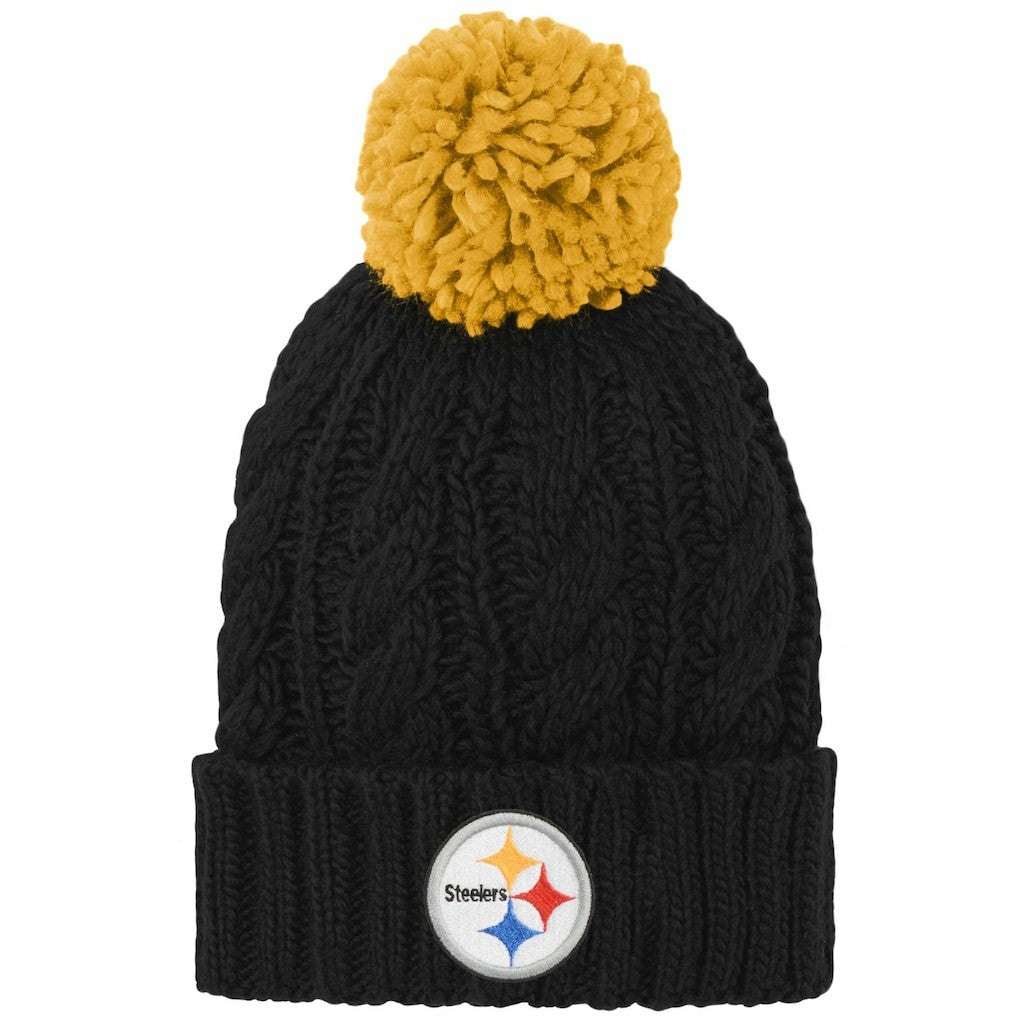 Pittsburgh Steelers Girls Youth Team Cable Cuffed Knit Hat with Pom Black | NFL