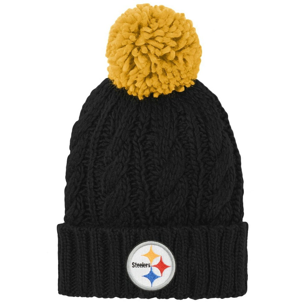 Pittsburgh Steelers Girls Youth Team Cable Cuffed Knit Hat with Pom Black | NFL