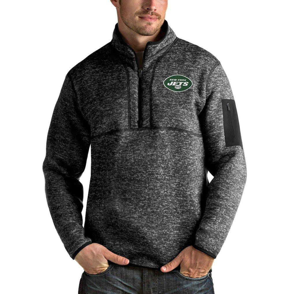 New York Jets Antigua Fortune 1/4-Zip Pullover Jacket Heather Black | NFL
