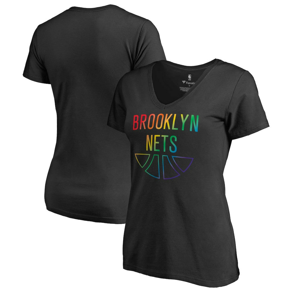 Brooklyn Nets Women's Team Pride Wordmark V-Neck T-Shirt Black - NBA