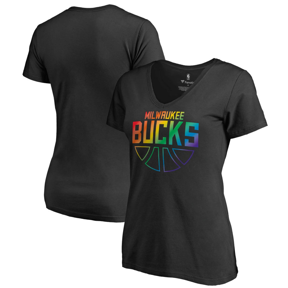 Milwaukee Bucks Women's Team Pride Wordmark V-Neck T-Shirt Black - NBA