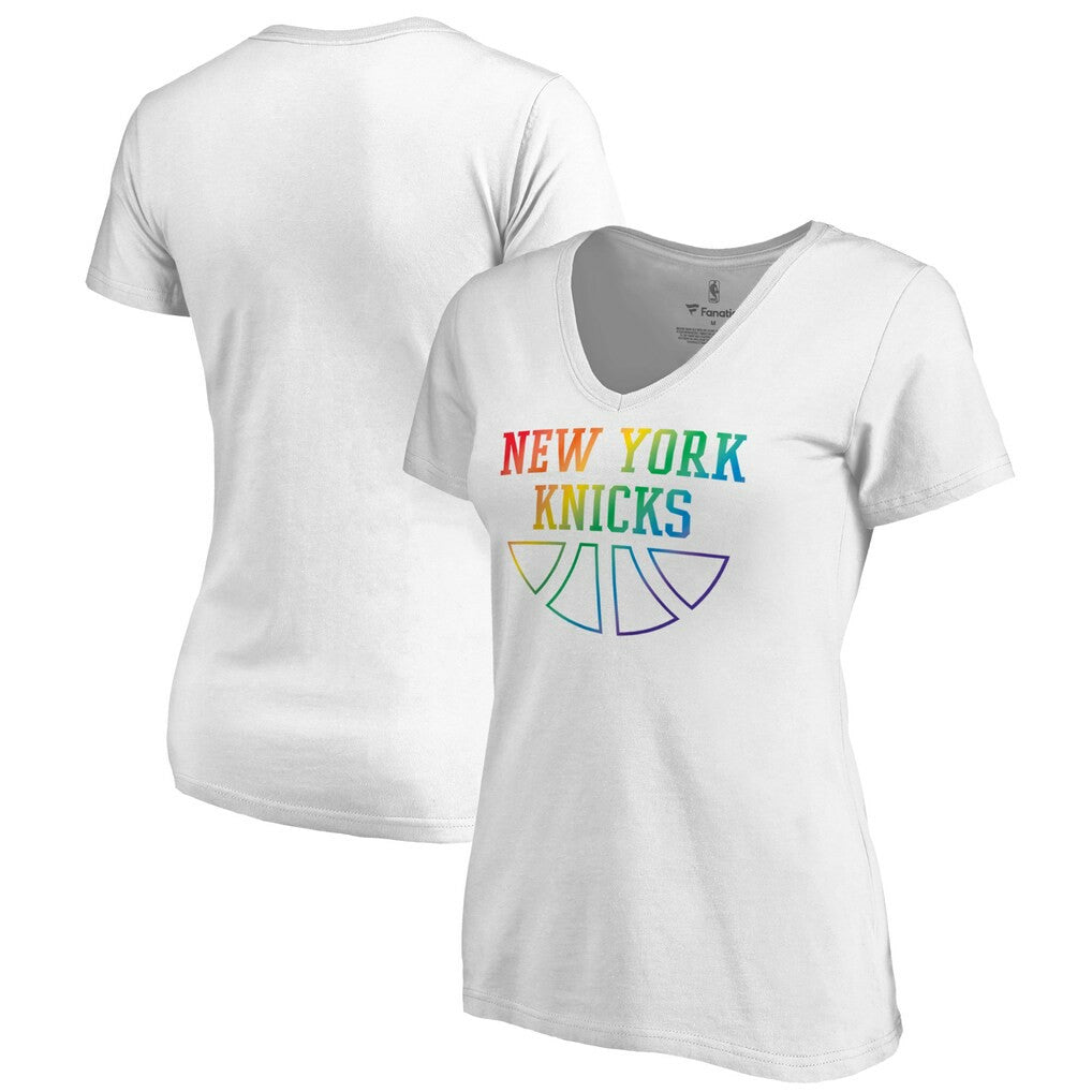 New York Knicks Women's Team Pride Wordmark V-Neck T-Shirt White - NBA