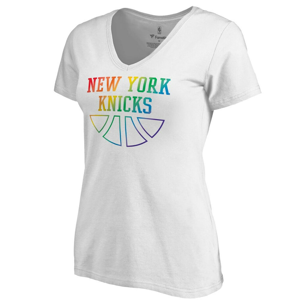 New York Knicks Women's Team Pride Wordmark V-Neck T-Shirt White - NBA