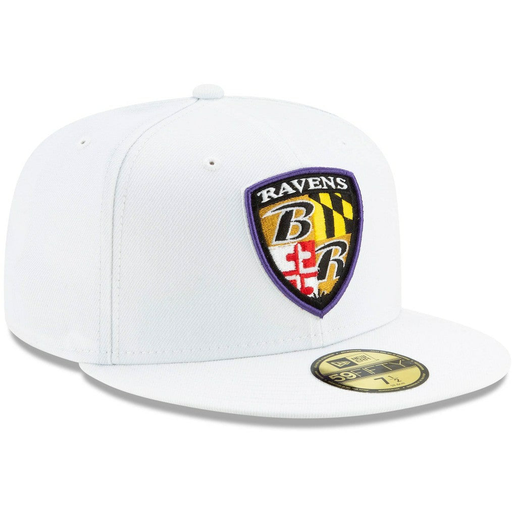 Baltimore Ravens New Era Shield Omaha 59FIFTY Fitted Hat White | NFL