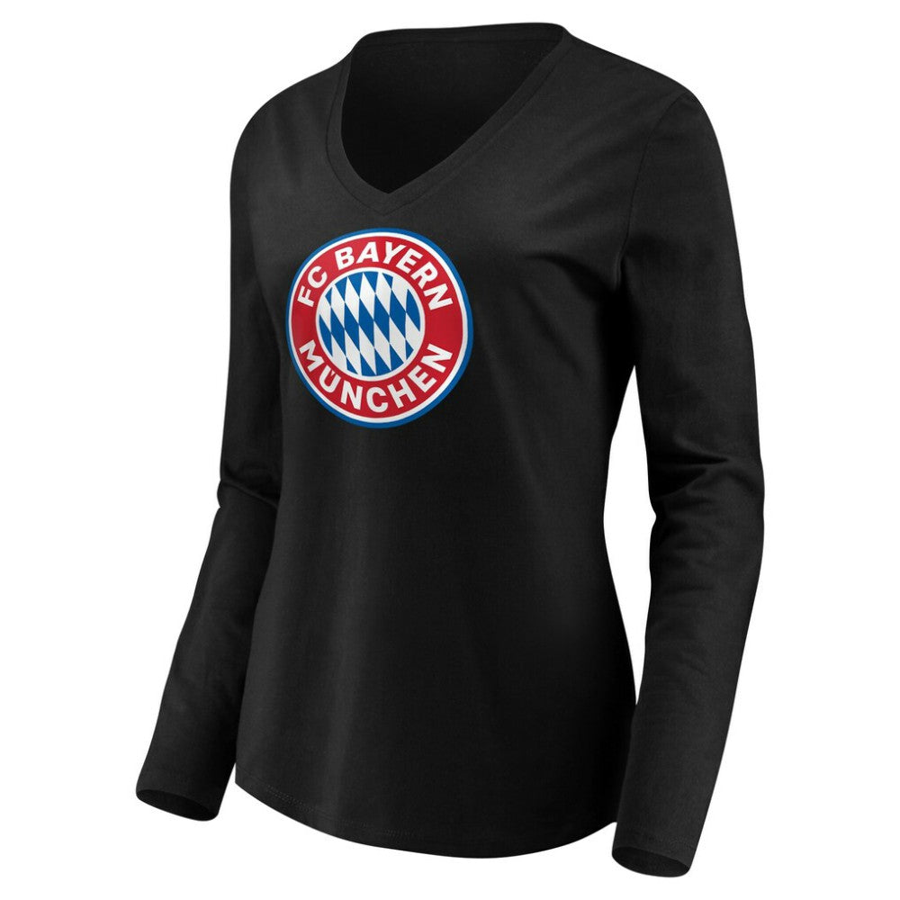 Bayern Munich Women's Logo Long Sleeve V-Neck T-Shirt Black - FIFA World CUP