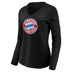 Bayern Munich Women's Logo Long Sleeve V-Neck T-Shirt Black - FIFA World CUP