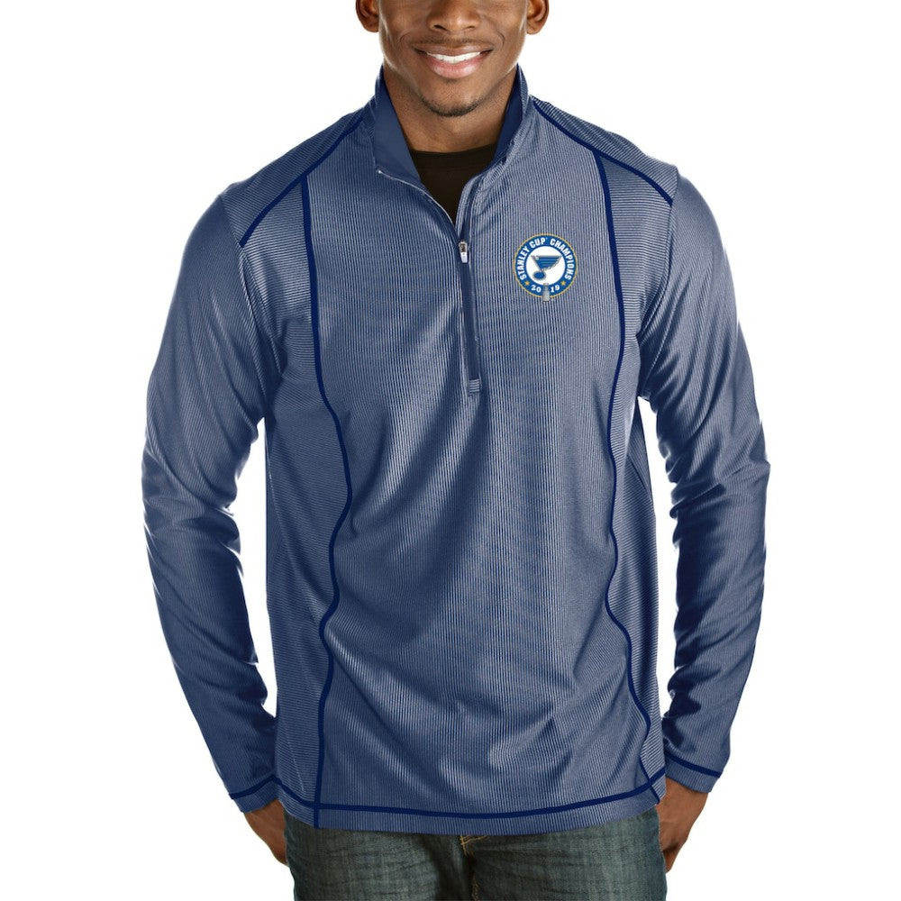 St. Louis Blues Antigua 2019 Stanley Cup Champions Tempo Quarter-Zip Pullover Jacket - Royal/Heather Gray - NHL