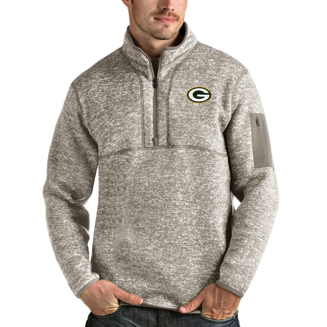 Green Bay Packers Antigua Fortune Quarter-Zip Pullover Jacket Oatmeal | NFL