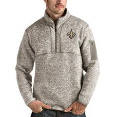 New Orleans Saints Antigua Fortune Quarter-Zip Pullover Jacket Oatmeal | NFL
