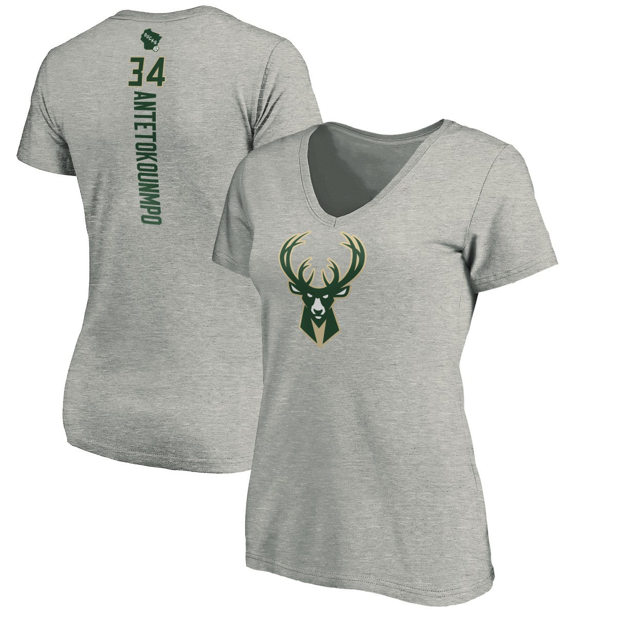 Giannis Antetokounmpo Milwaukee Bucks Women's Playmaker Name & Number V-Neck T-Shirt Heathered Gray - NBA