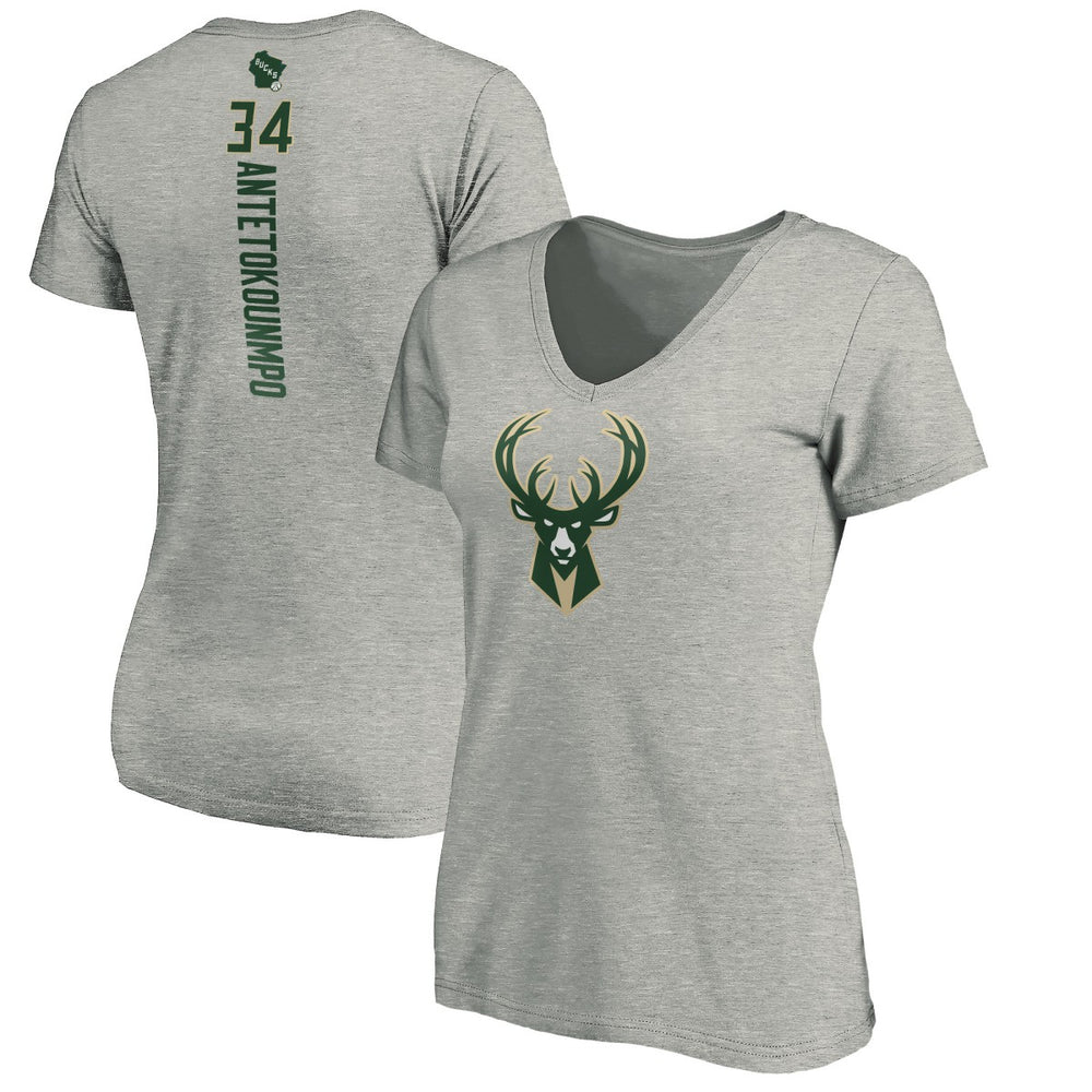 Giannis Antetokounmpo Milwaukee Bucks Women's Playmaker Name & Number V-Neck T-Shirt Heathered Gray - NBA