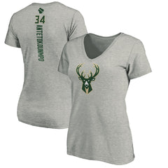 Giannis Antetokounmpo Milwaukee Bucks Women's Playmaker Name & Number V-Neck T-Shirt Heathered Gray - NBA