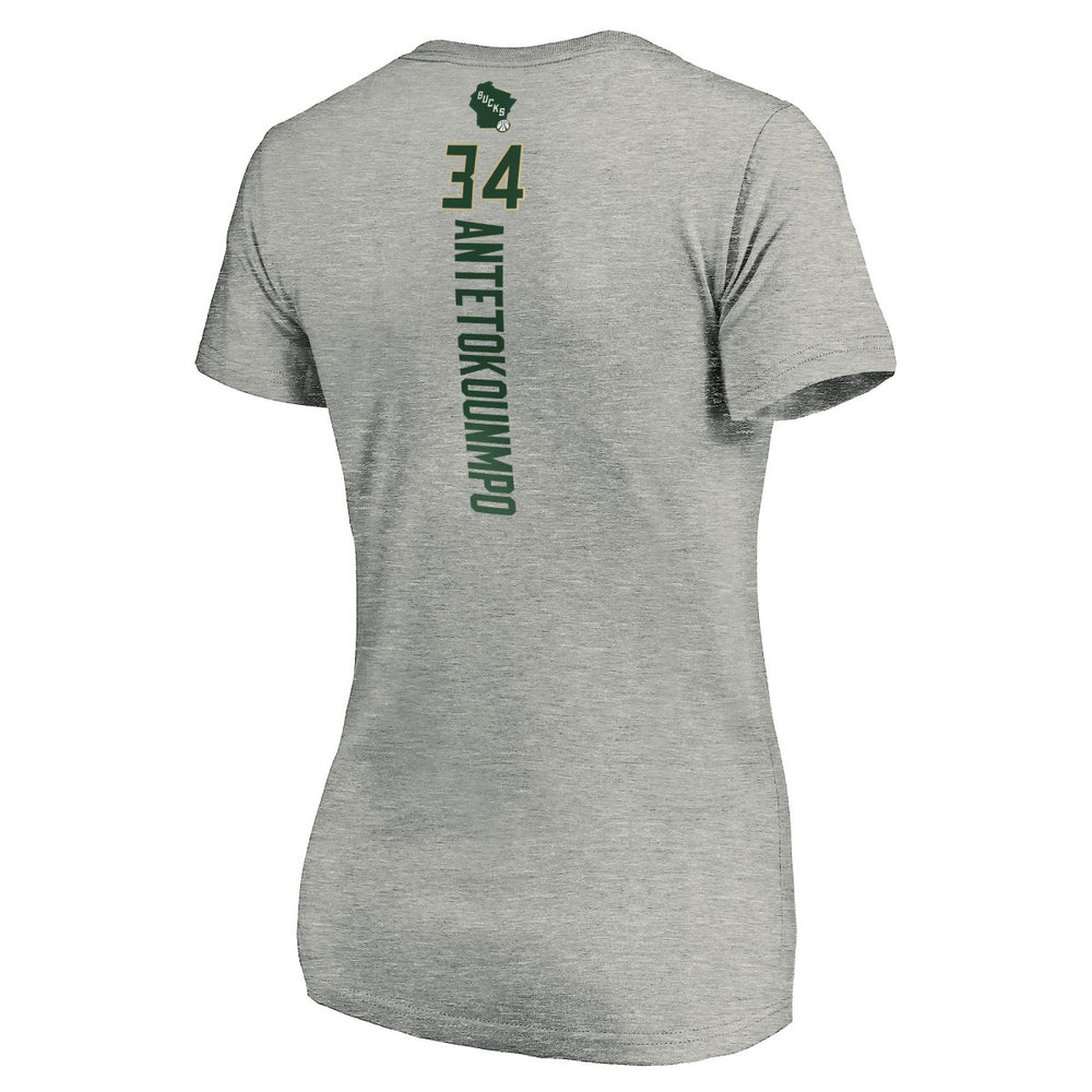 Giannis Antetokounmpo Milwaukee Bucks Women's Playmaker Name & Number V-Neck T-Shirt Heathered Gray - NBA