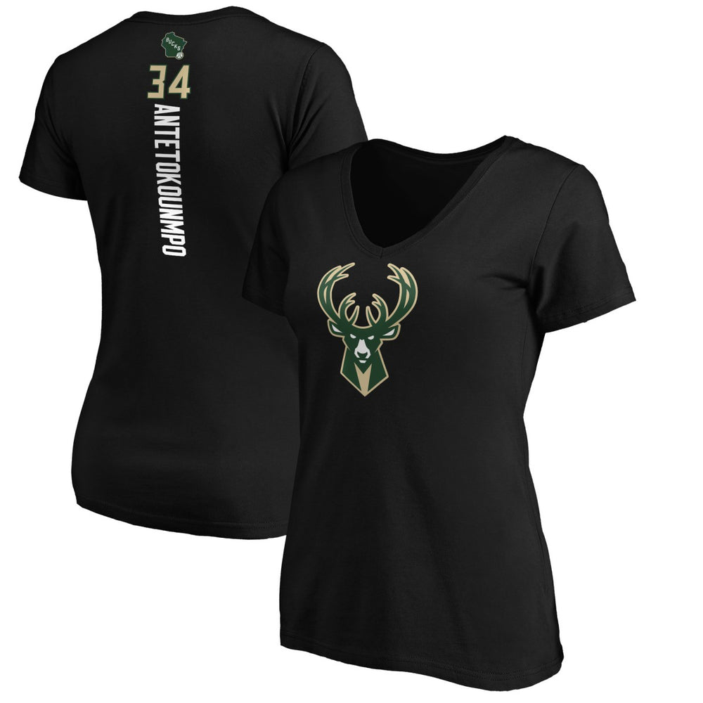 Giannis Antetokounmpo Milwaukee Bucks Women's Playmaker Name & Number V-Neck T-Shirt Black - NBA