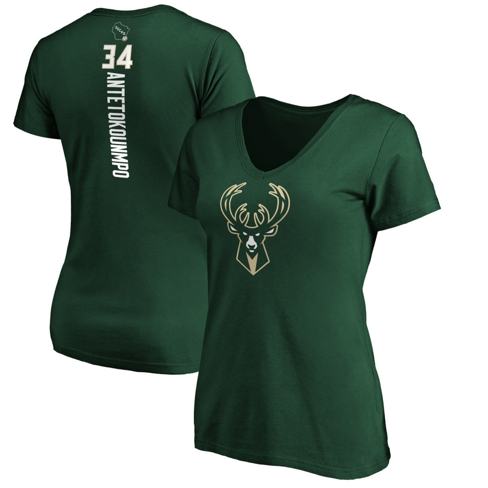 Giannis Antetokounmpo Milwaukee Bucks Women's Playmaker Name & Number V-Neck T-Shirt Green - NBA