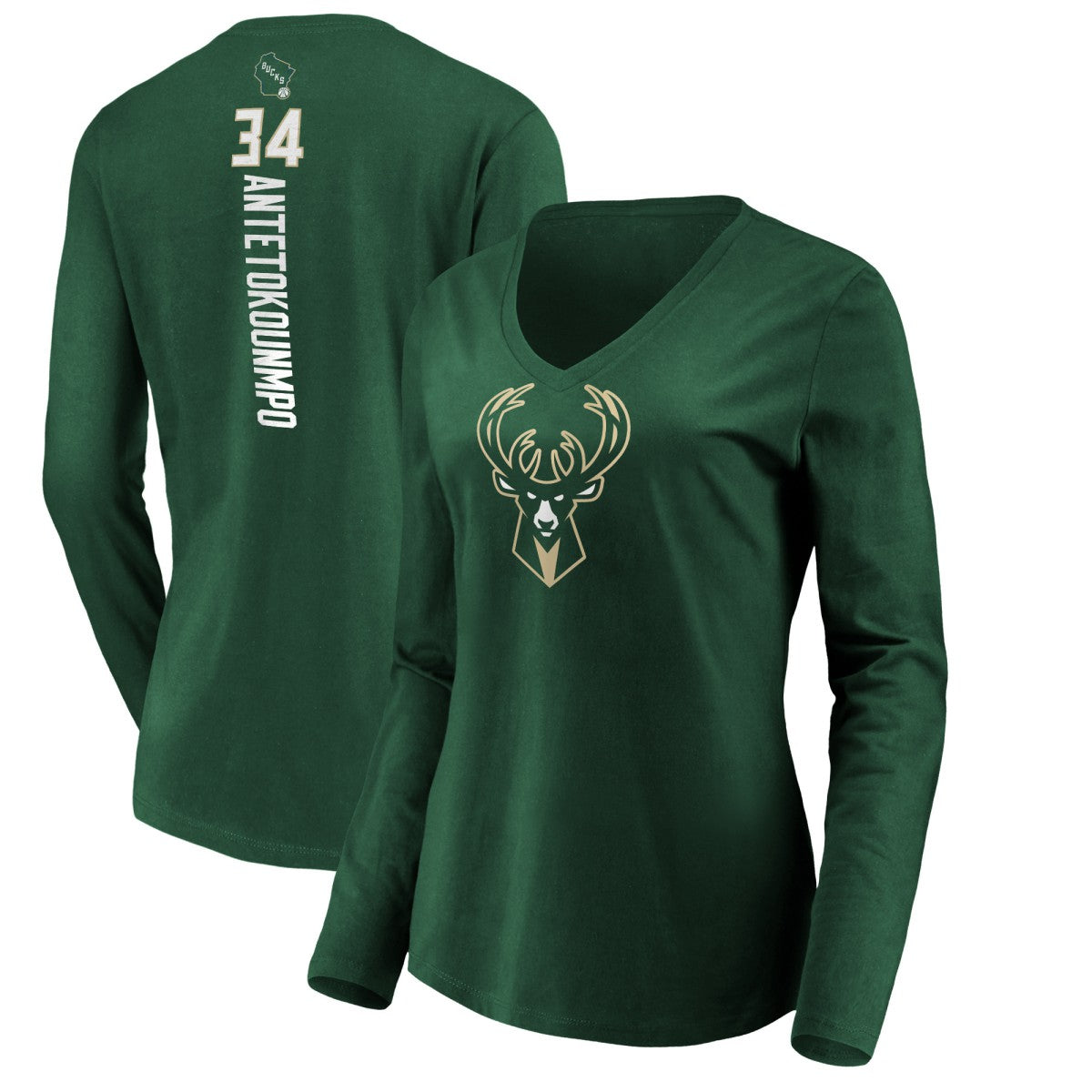 Giannis Antetokounmpo Milwaukee Bucks Women's Playmaker Name & Number Long Sleeve V-Neck T-Shirt Green - NBA