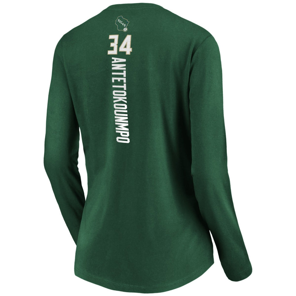Giannis Antetokounmpo Milwaukee Bucks Women's Playmaker Name & Number Long Sleeve V-Neck T-Shirt Green - NBA