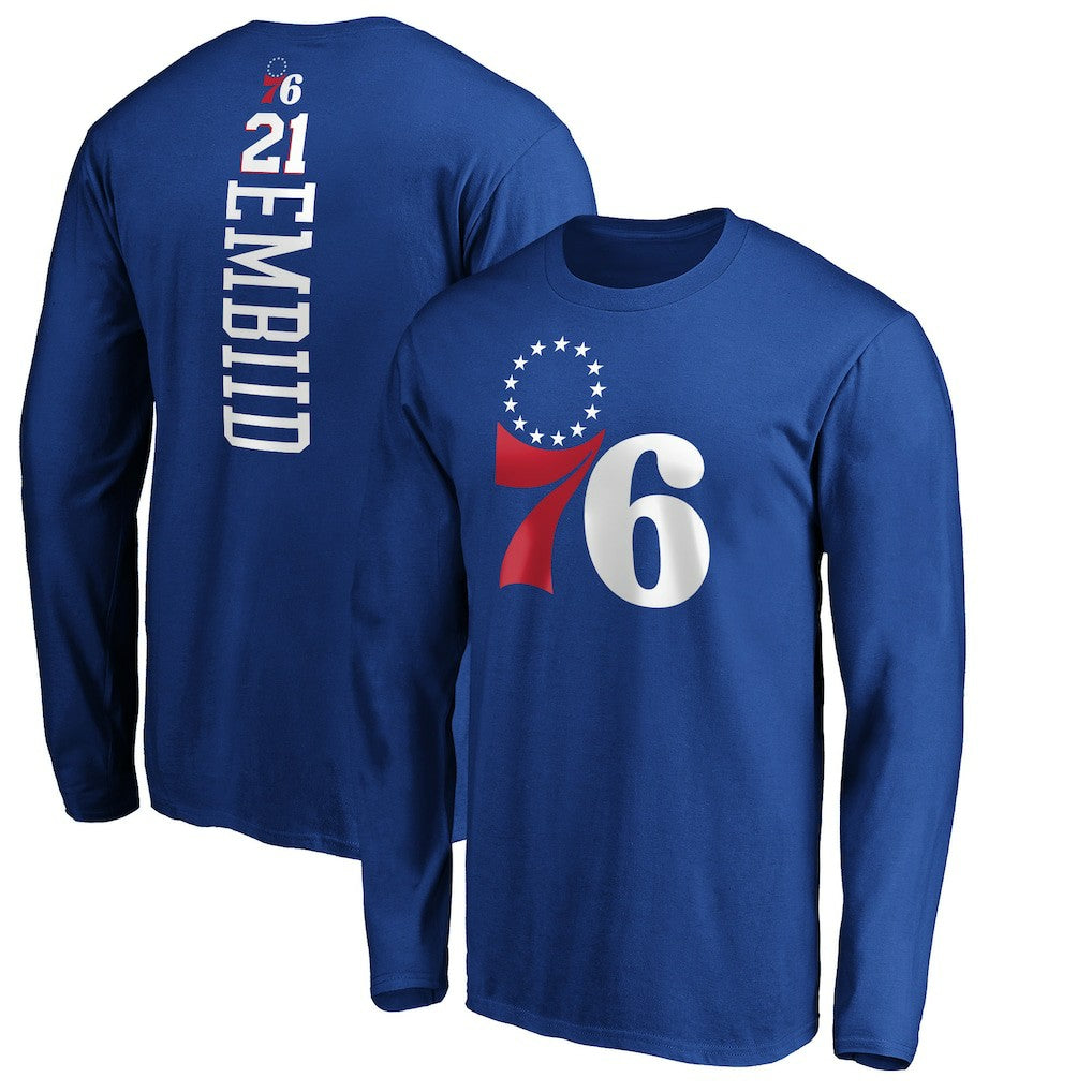 Joel Embiid Philadelphia 76ers Playmaker Name & Number Long Sleeve T-Shirt Royal - NBA