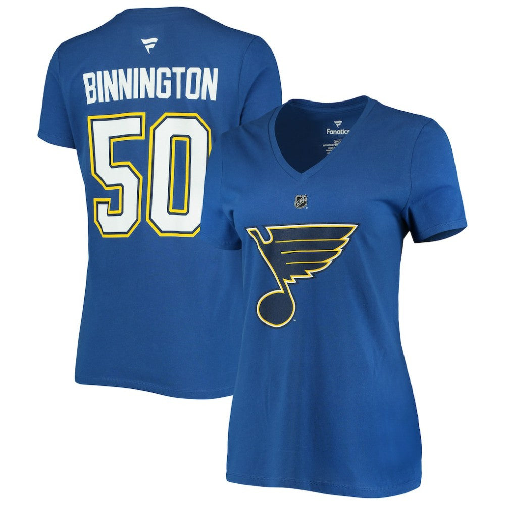 Jordan Binnington St. Louis Blues Fanatics Women's Authentic Stack Name & Number V-Neck T-Shirt - Blue - NHL