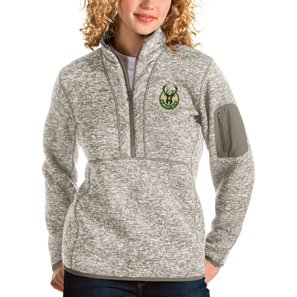 Milwaukee Bucks Antigua Women's Fortune Quarter-Zip Pullover Jacket Natural - NBA