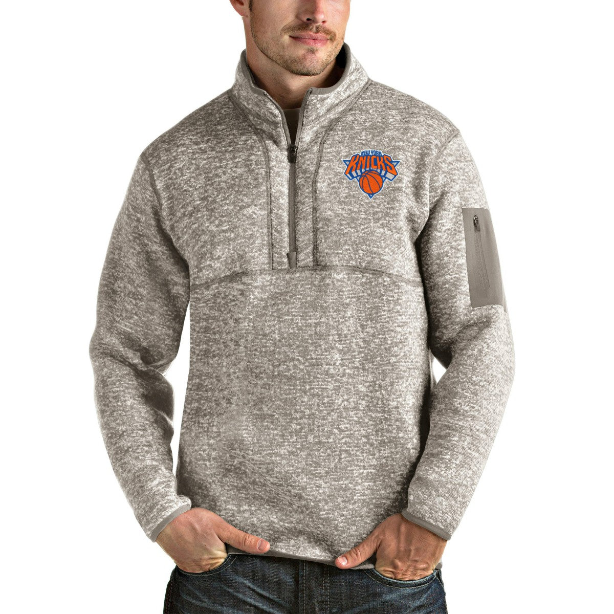 New York Knicks Antigua Fortune Quarter-Zip Pullover Jacket Natural - NBA