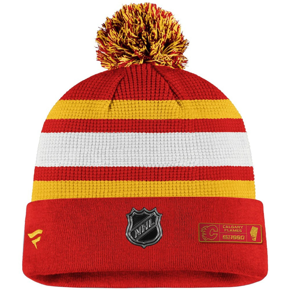 Calgary Flames Fanatics Authentic Pro Cuffed Pom Knit Hat - Red/Yellow - NHL