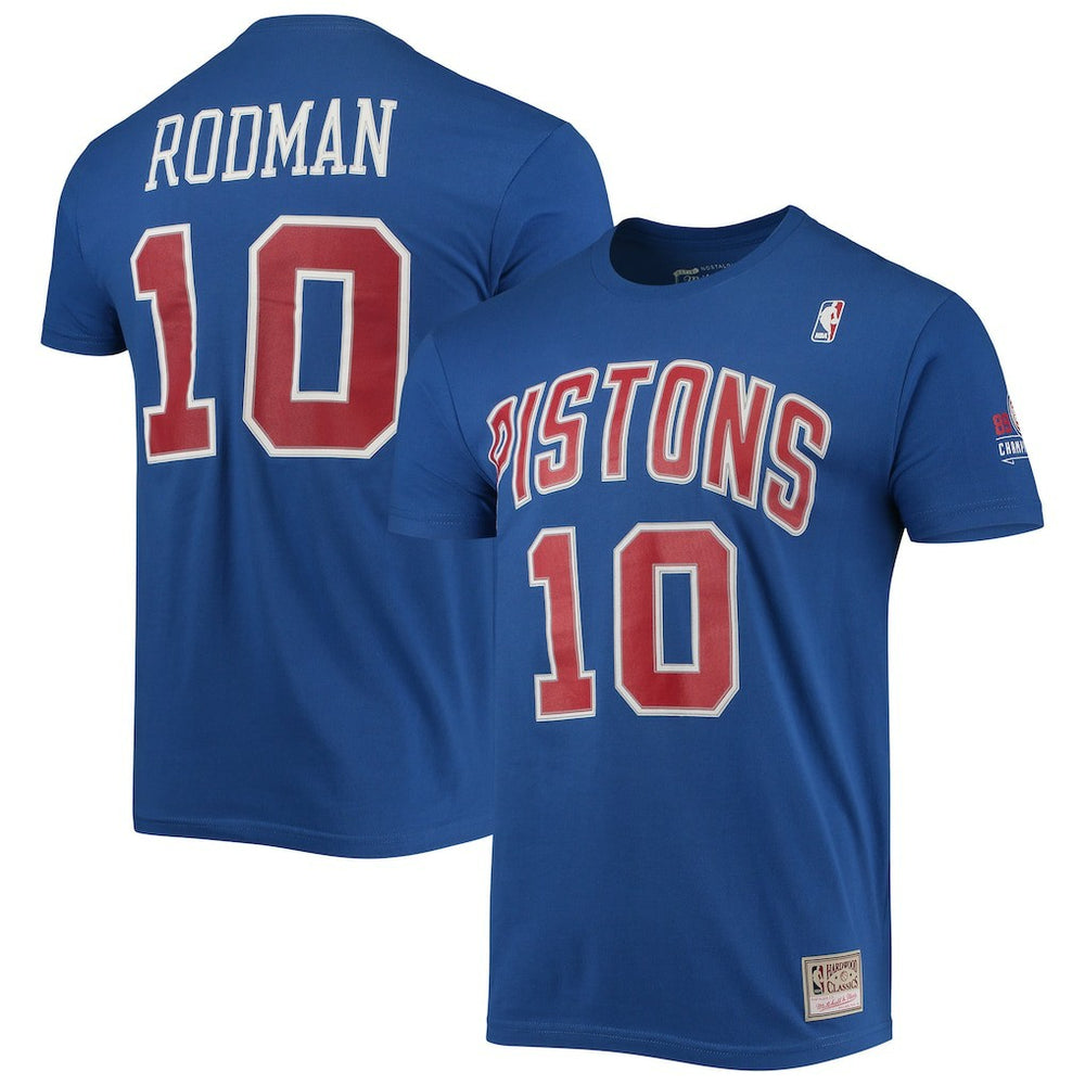 Dennis Rodman Detroit Pistons Hardwood Classics Stitch Name & Number T-Shirt Blue - NBA