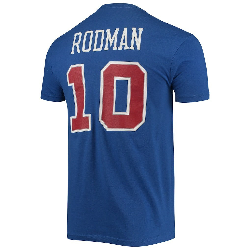 Dennis Rodman Detroit Pistons Hardwood Classics Stitch Name & Number T-Shirt Blue - NBA