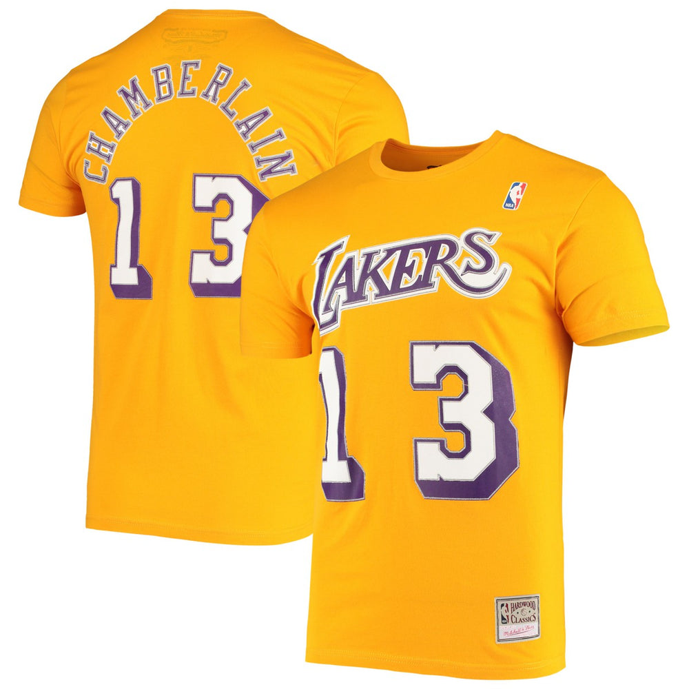 Wilt Chamberlain Los Angeles Lakers Hardwood Classics Stitch Name & Number T-Shirt Gold - NBA