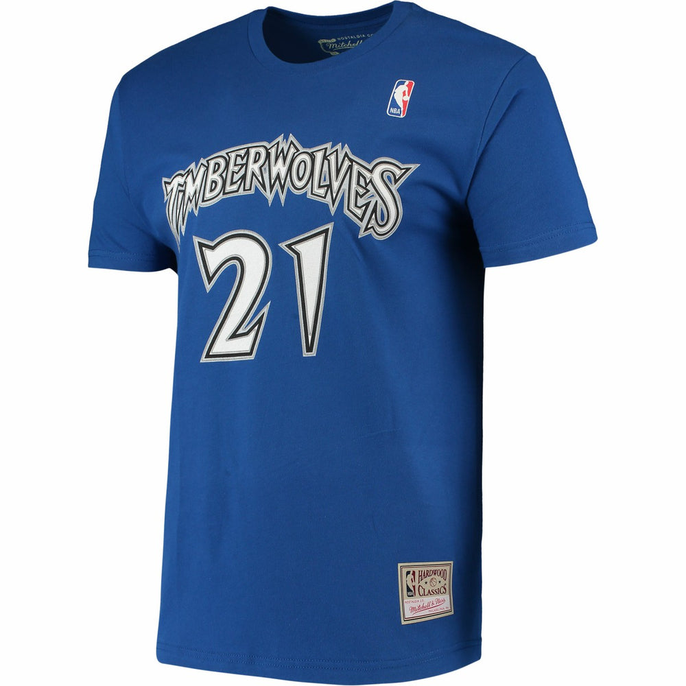 Kevin Garnett Minnesota Timberwolves Hardwood Classics Stitch Name & Number T-Shirt Blue - NBA
