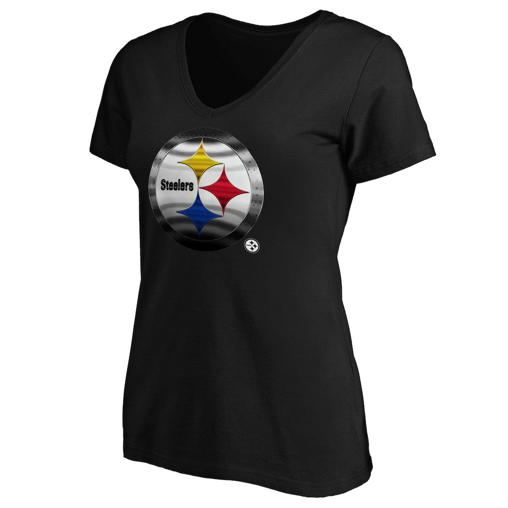 Pittsburgh Steelers Women's Midnight Mascot Logo V-Neck T-Shirt Black | NFL