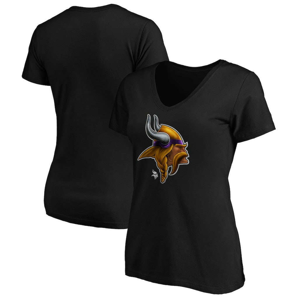 Minnesota Vikings Women's Midnight Mascot Logo V-Neck T-Shirt Black | NFL