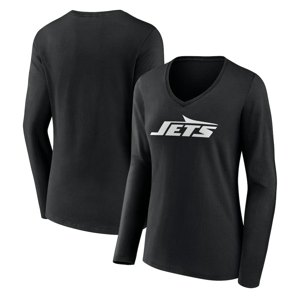 New York Jets Women's Primary Team Logo Long Sleeve V-Neck T-Shirt Black | NFL